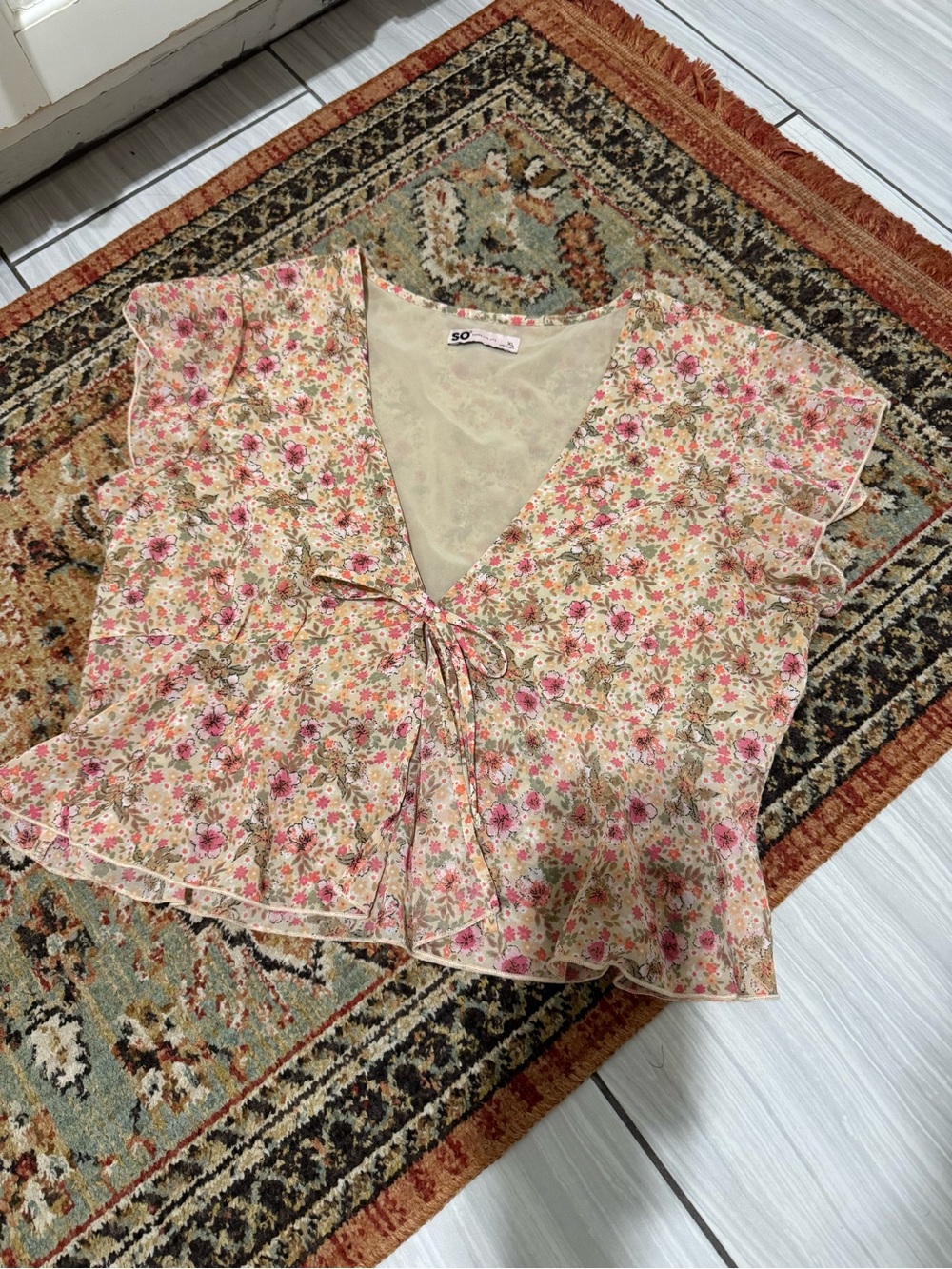 SO Floral Tie-Front Pink Cream Blouse